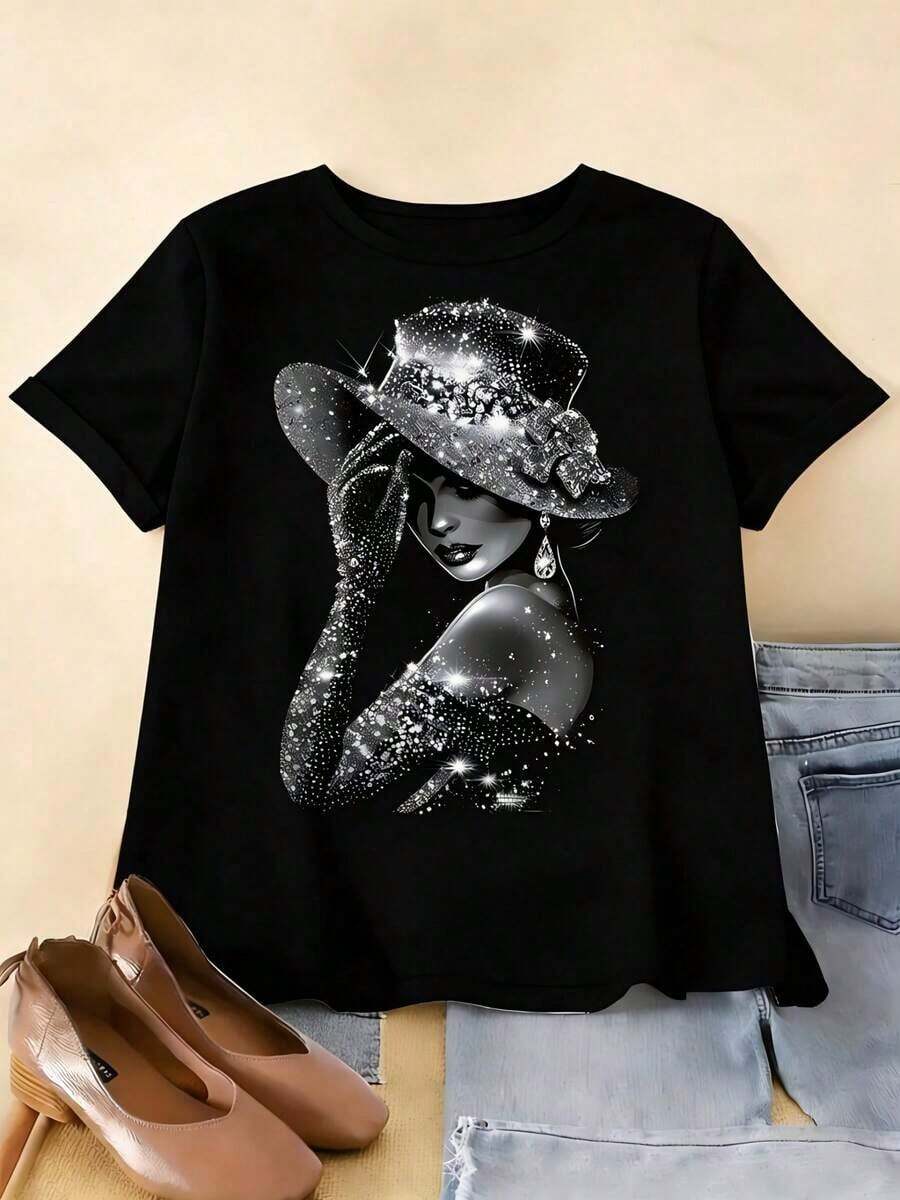 Women's Plus Size Vintage Elegant Printed T-Shirt | Casual Summer Short Sleeve Crew Neck Top, Suitable For Spring/Summer, Machine Washable Vintage T-Shirt - 黑色 - 查看 1