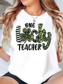 Women's T-Shirt With Shamrock Print And "One Lucky Teacher" Text For St. Patrick's Day, Everyday Wear, Round Neck, Short Sleeve, Soft And Comfortable 220 G/M² - 白色的 - 查看 6