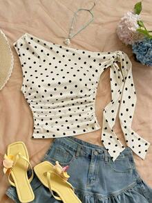 Blusa asimétrica de hombro con pliegues y estampado de lunares estilo Y2K para mujer - Albaricoque - Ver 7