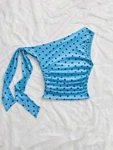 para mujeres que salen a la playa en verano, vacaciones, parte superior de mujer de color amarillo claro con hombros asimétricos, tirantes de lazo, fluida y ajustada, adecuada para fiestas, vacaciones, festivales de música, estilo bohemi - Azul - Ver 2