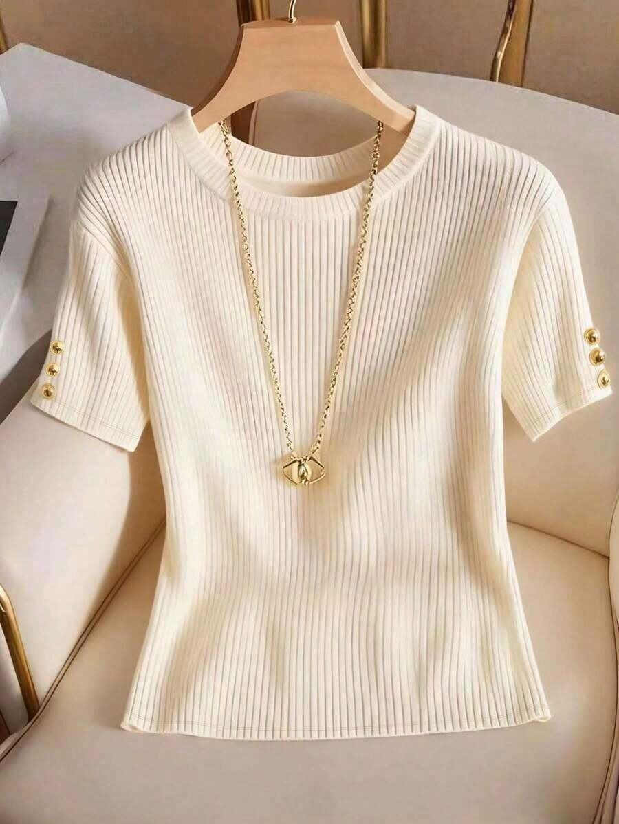 Elegante camiseta de punto de cuello redondo, top de punto minimalista de moda, primavera/verano - Albaricoque 3 - Ver 1