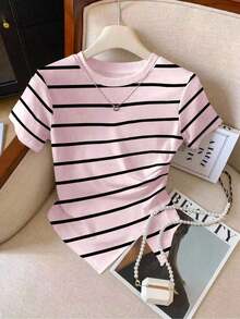de manga corta con pliegues y bajo asimétrico de unicolor casual para mujer, verano - Rosa 2 - Ver 1