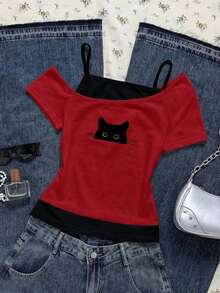 Camiseta de manga corta con estampado de gato negro asomándose en contraste de color, estilo casual y retro, adecuada para el verano - Rojo - Ver 1