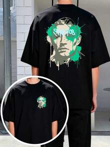 Camiseta de manga corta estampada por ambos lados, camiseta negra con retrato artístico masculino, grafiti, salpicaduras de pintura verde, estética gráfica, ropa urbana estilo hip hop, boceto creativo de rostro en estilo pop art, ropa casual para uso diario, atuendo para conciertos, moda de verano. - Negro - Ver 7