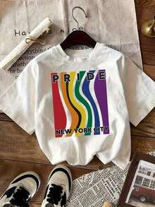 Camiseta 100% mujer con letras nombre del lugar eslogan impresión - cuello redondo suave manga corta casual top, regular uste blusa diariara tres festivos - camiseta básica - Blanco - Ver 1