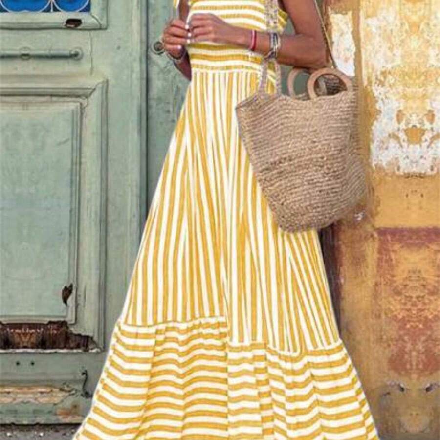 Women's Shoulder Strap Chest Gathered Striped Dress Maxi Vacation Beach Outfit - Amarillo - Ver 1