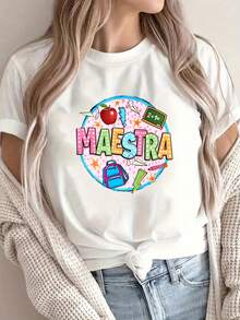 Women's Casual Short Sleeve T-Shirt With TEACHER Print, Colorful Educational Symbols And Geometric Patterns - Breathable Crew Neck Top For Casual Wear, Machine Washable, Ladies Shirts, All Year Comfort, Fun Design, M - 白色 - 查看 6