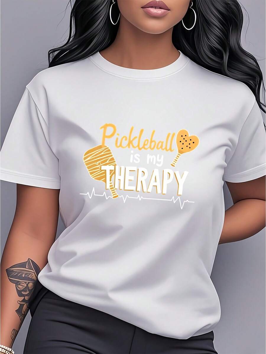 Women's T-Shirt Made Of Pure Cotton, Casual Loose Style, With "Paddleboarding Is My Therapy" Print, Short Sleeves And Round Neck, Modern, Casual And Unique Style, Suitable For Daily Wear, Sports And Fitness, Gift For Sports Enthusiasts, Birthday Gift, Gift For Friends. - 白色 - 查看 1