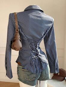 Camisa de manga larga de ajuste ceñido con cintura anudada a rayas rosa, blusa a rayas amarilla para mujer, nueva colección de otoño - Azul 2 - Ver 8