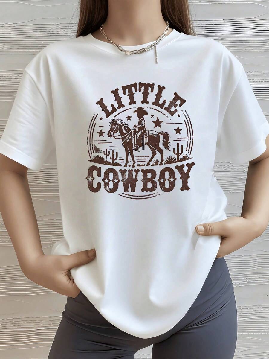 Image Of A Cowboy Riding His Horse In The Desert Surrounded By Cacti Under A Starry Sky, Evoking Freedom, Adventure, And The Spirit Of The West. Comfortable Casual Women's T-Shirt For Everyday Wear. - 白色 - 查看 1