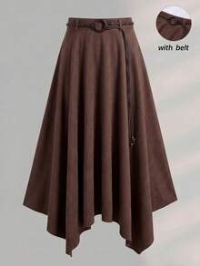Falda A-Line de cintura elástica elegante para mujer, uso diario casual con diseño de cinturón, adecuada para citas, ir al trabajo y atuendos cotidianos - Marrón - Ver 1