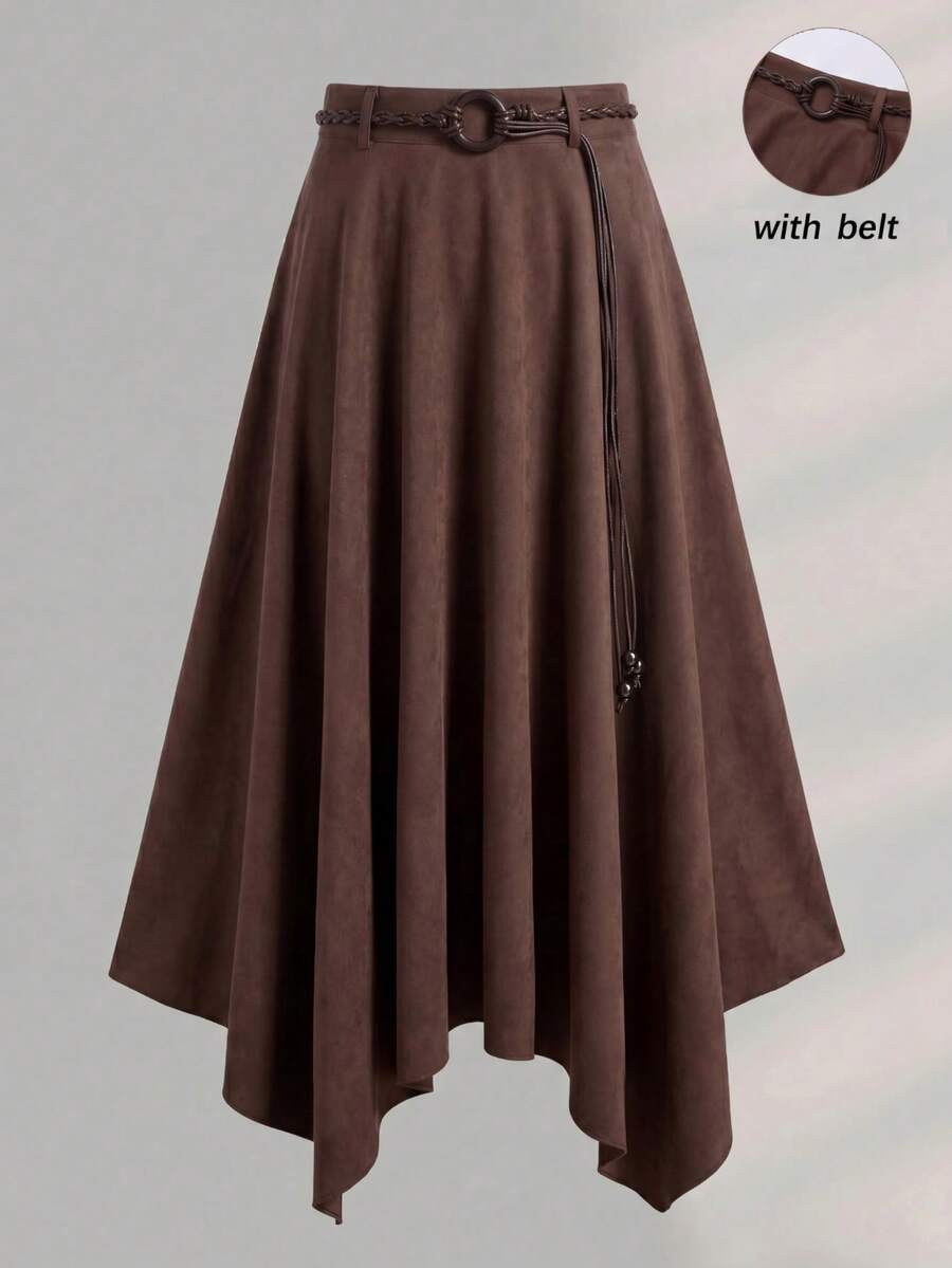 Falda A-Line de cintura elástica elegante para mujer, uso diario casual con diseño de cinturón, adecuada para citas, ir al trabajo y atuendos cotidianos - Marrón - Ver 1