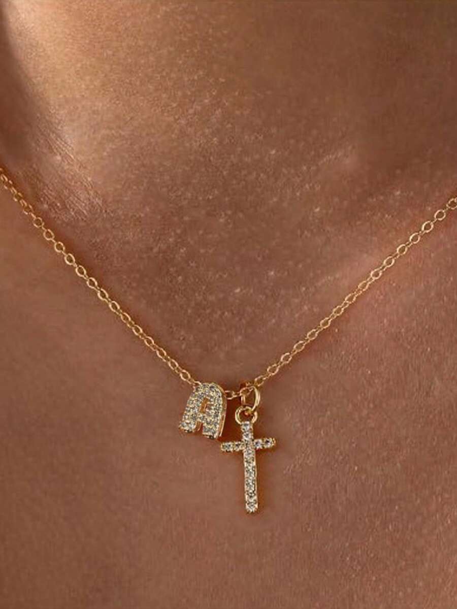 1pc Minimalist Cross Pendant Gold Necklace, Elegant Letter Collarbone Chain Women's Accessory, Suitable For Daily Wear - Gold - View 1