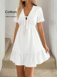 Vestido paraguas con cuello en V, lazo en los hombros, mangas caídas, cintura recogida, volantes en el bajo, de doble capa con textura de crepé 100% algodón, casual, relajado y elegante para uso diario, vacaciones, primavera y verano para mujeres - Blanco - Ver 3