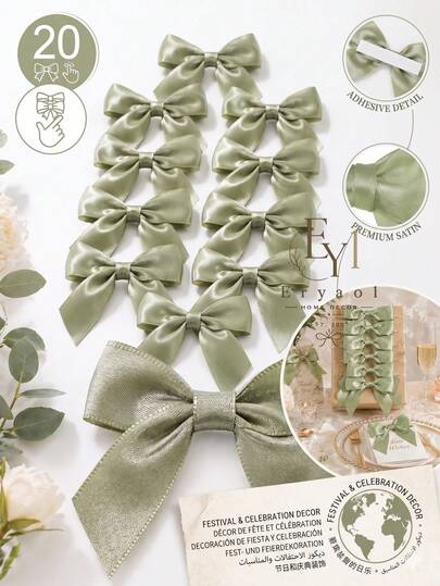 Sage Green Satin Ribbon Bows 2" Self Adhesive Satin Bows For Gift Wrapping Premade Satin Bows With Double-Sided Tape For Making Crafts Baby Shower Birthday Party Wedding Decorations,1/10/20/50/100pcs
