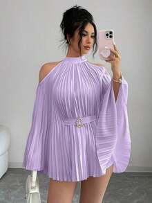 Elenzya Elegante camisa/blusa de mujer con mangas acampanadas y cintura ceñida para vacaciones - Morado - Ver 3