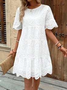 Vestido casual de vacaciones de unicolor con bordado calado para mujer - Pearl White - Ver 3