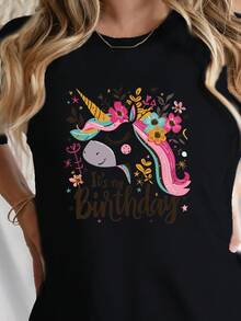 Camiseta Casual de Verano para Mujer - Camiseta de Cumpleaños con Unicornio para Mujer - Cómoda camiseta casual de algodón puro con cuello redondo, con estampado de unicornio y la impresión "G500" - Adecuada tanto para atuendos de fiesta y cumpleaños como para uso diario - Camiseta elegante con temática de unicornio, lavable a máquina. - Negro - Ver 1
