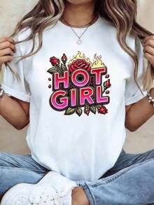 ComfortablePlayera gráfica casual juveniTalla Grande - Talla Grande - Camiseta de Mujer Talla Grande con Estampado de Diseño "HOT" de Rosas con Llamas, Estilo Moderno y Cool de Manga Corta, Perfecta para Festivales de Música, Fiestas, Salidas al Pueblo y Encuentros con Amigos 100% algodón puroLoose Versatile Short Sleeve T-shirt for Women - Blanco - Ver 2