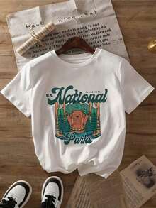 Camiseta de Mujer con Diseño de Oso de los Parques Nacionales - Manga Corta Casual, Cuello Redondo, Mezcla de Poliéster, Lavable a Máquina, Blanca con Diseño Verde y Marrón, Perfecta para Salidas de Primavera y Verano, Camiseta de Oso Adecuada para primavera, verano y otoño. - Blanco - Ver 1