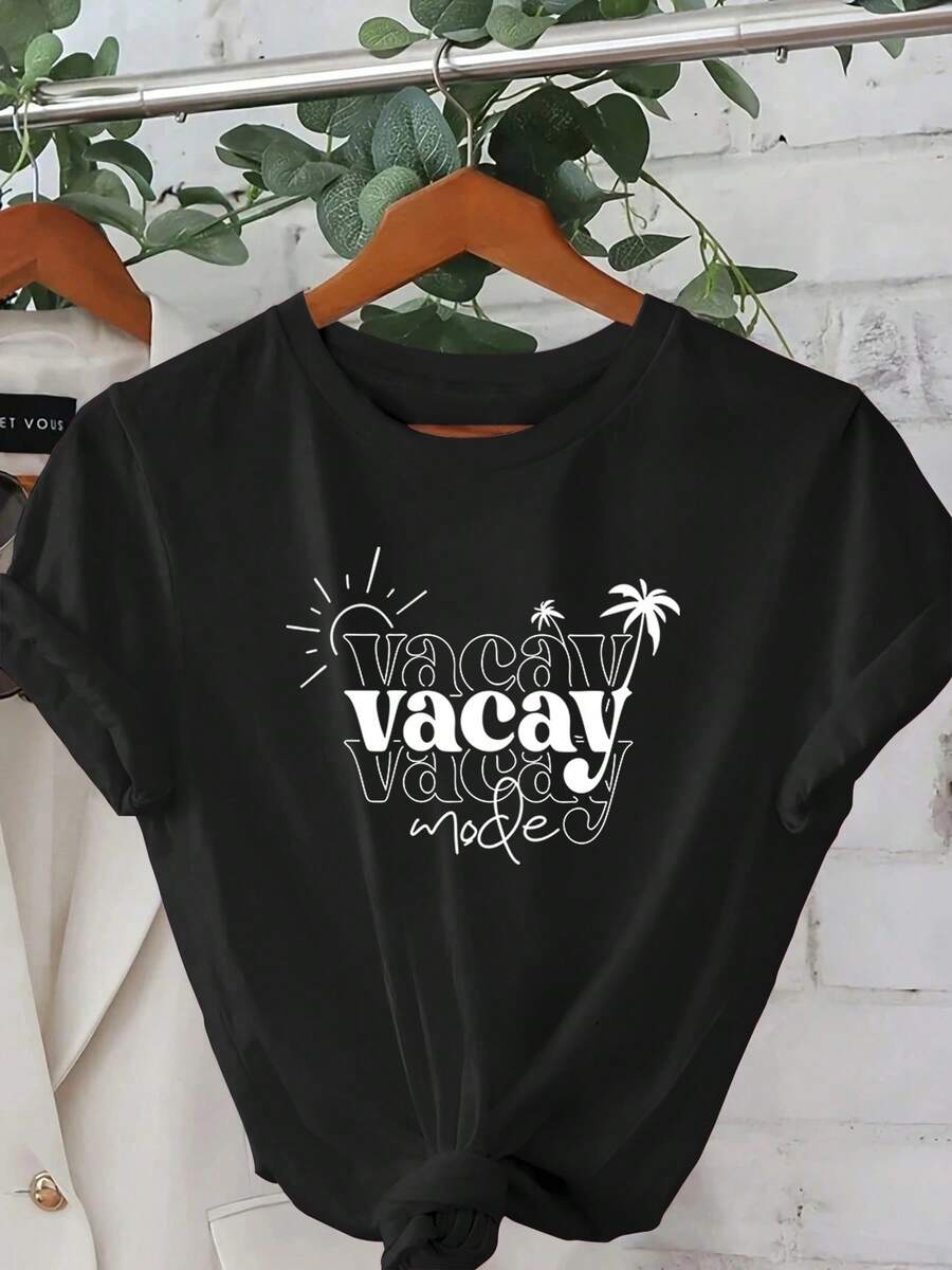 Camiseta unisex de manga corta, para mujerRosa"VACAYMODO"GráficoCamiseta-InformalCortoMangaTripulaciónCuello,LigeroPoliésterVeranoPlayaTeeconPalmaÁrbol&SolDiseño,MáquinaCamisetas lavableshombre, , , Dazymujer,romwehombres, bohochic,maestrasregalos,camisetaparaconjuntos de mujercon curvasparamu,y2k, - Negro - Ver 1