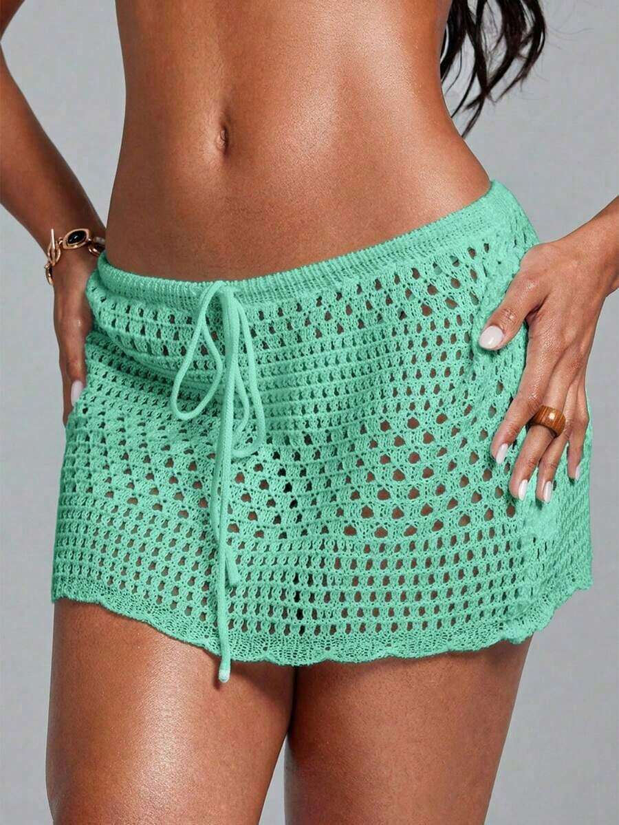 Swim Lushoire Falda pareo con dobladillo ondulado para la playa, con patrón geométrico perforado y floral - verde menta - Ver 1