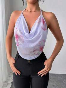 Camiseta ajustada con cuello en V profundo y estampado floral de malla elegante y sexy para mujer, ideal para el verano y las vacaciones - Lila Púrpura - Ver 4