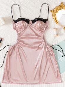 1 pieza Vestido de lencería sexy con cordón elástico y calado de lámina - Rosa - Ver 12