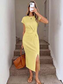 Vestido midi casual de mujer con estampado de lunares, cintura retorcida y abertura alta sin mangas; Vestido ajustado texturizado casual de mujer; Conjunto de fitness de mujer; Vestido de invitada de boda de mujer; Atuendo de oficina de mujer - Amarillo claro - Ver 7