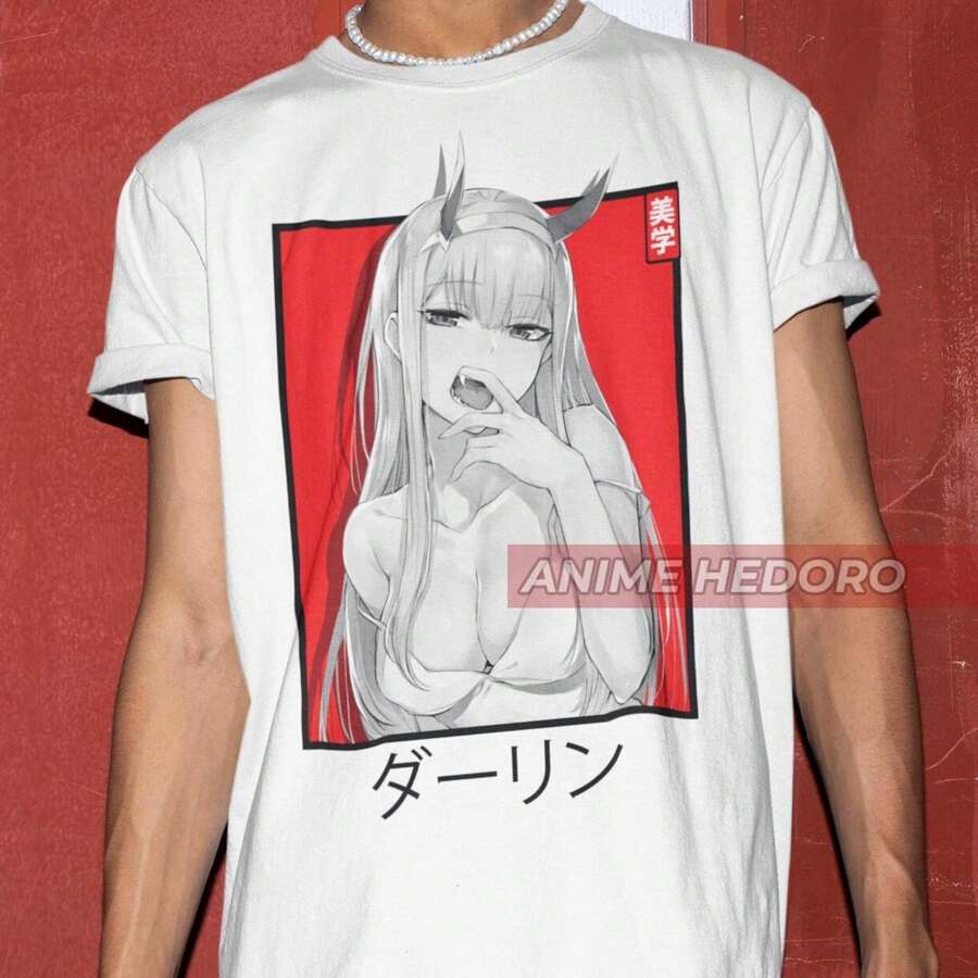 Camiseta de anime UniS1ex Darling Waifu Material, Camiseta de mujer anime Zero Two5 - Blanco - Ver 1