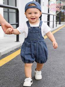 6-9个月至2-3岁新生儿/幼儿休闲复古可爱宽松牛仔背带短裤连体衣，适合春夏穿着、家庭旅行、街头摄影、周末玩耍、假日派对等场合。 - 中等水洗藍 - 查看 2