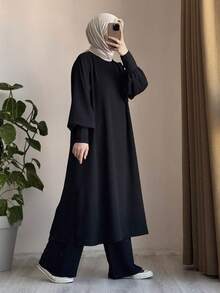 Conjunto de pantalones holgados y blusa de manga farol de cuello redondo en unicolor negro, estilo árabe elegante y modesto para mujer - Negro - Ver 4