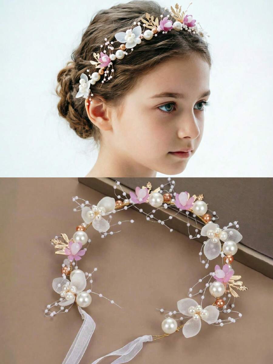 1pc Girls Purple Headpiece Birthday Performance Host Hair Accessory Princess Fairy Mori Style Multi-Color Floral Wreath Head Flower Jewelry Girls Accessories - Purple - View 1