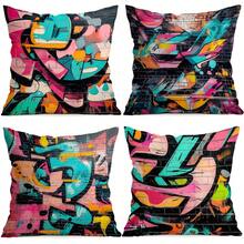 Set de 4 fundas de cojín con estampado abstracto de graffiti, impresas por un solo lado, adecuadas para la sala de estar, el dormitorio, la decoración del hogar, todo el año - Multicolor - Ver 1