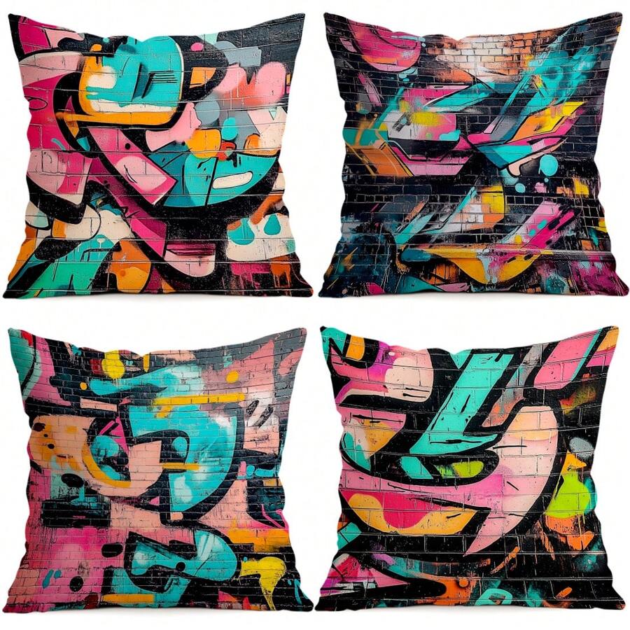 Set de 4 fundas de cojín con estampado abstracto de graffiti, impresas por un solo lado, adecuadas para la sala de estar, el dormitorio, la decoración del hogar, todo el año - Multicolor - Ver 1