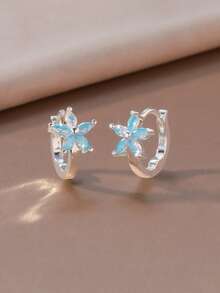 1 Coppia di orecchini molletta a forma di C in argento con design a farfalla blu e fiore doppia faccia, orecchini molletta con petali in cristallo CZ per donne, adatti per uso quotidiano, compleanni e altre occasioni romantiche - Multicolore - Visualizzare 4