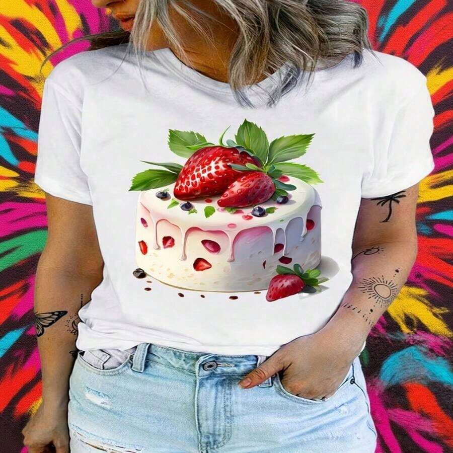 Camiseta Casual, Camiseta Estampada, Camiseta Estilo Y2k, Camiseta para Amantes de la Repostería, Regalo para Enamorados, 100% Algodón, Duradera - Blanco - Ver 1