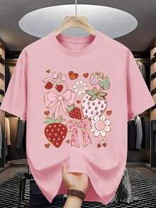 Camiseta casual [Camiseta deportiva] [Camiseta de fresa dulce] Camiseta de manga corta para mujer con estampado de flores y lazos de fresa dulce|   Blusa Casual de Verano con Cuello Redondo, Adecuada para Estilos Dulces|   Corte relajado|   Talla Grande 100% Algodón Duradero - Rosa - Ver 10