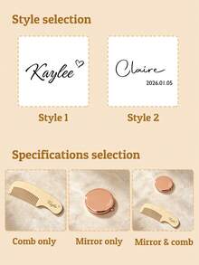 Custom Pocket Mirror Comb Set, Personalized Mini Makeup Mirror With Name & Text Design, Wooden Comb, Customized Compact Beauty Accessories For Travel Purse Vanity Use, Customizable Elegant Grooming Gift For Bridesmaids Friends Family - Coffee - View 4