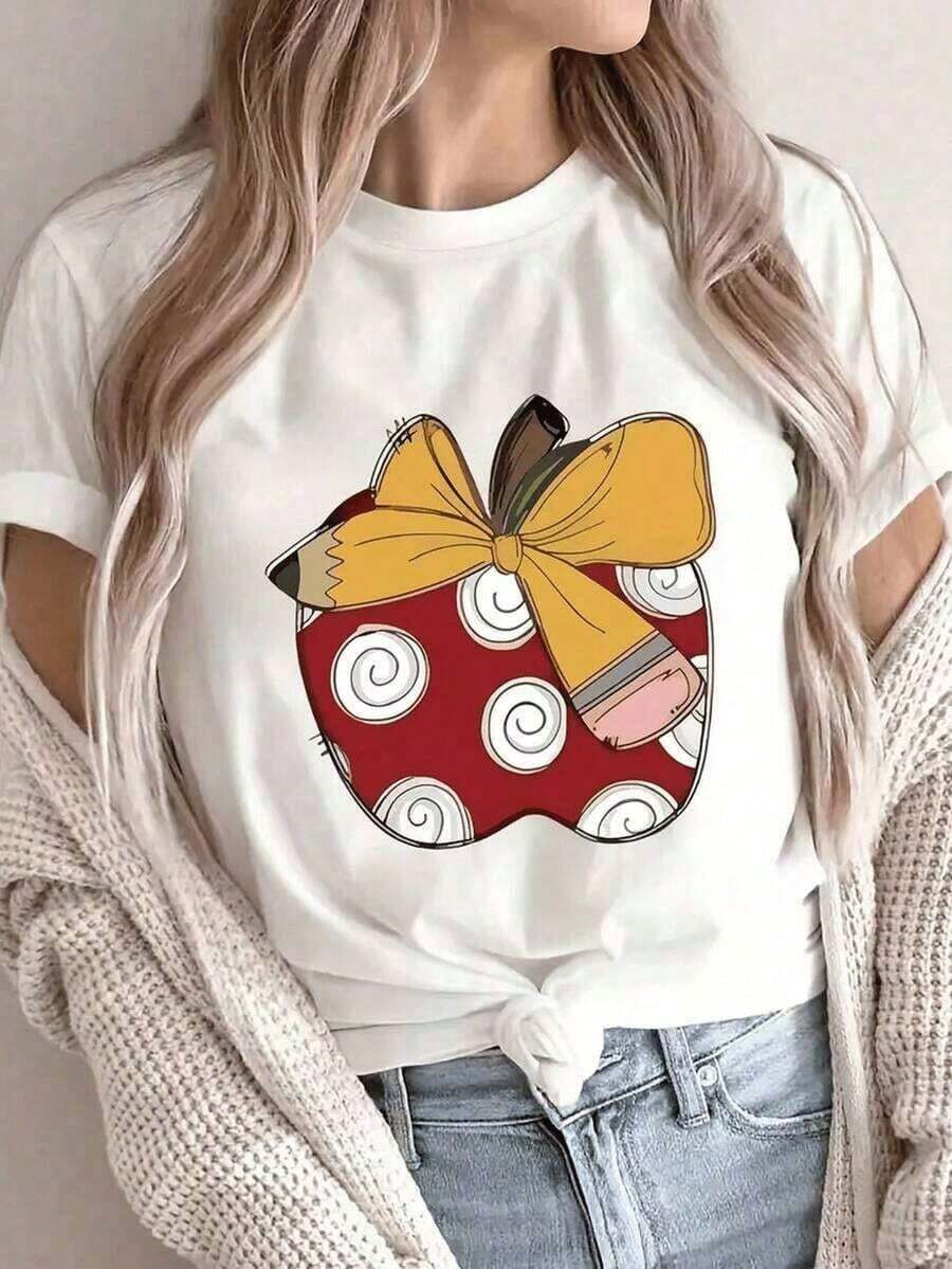 Camiseta Casual de Manga Corta con Cuello Redondo para Mujer, Diseño con Estampado de Manzana Simulado, Largo Regular, Tela Ligeramente Elástica, Blusas para Mujer - Blanco - Ver 1