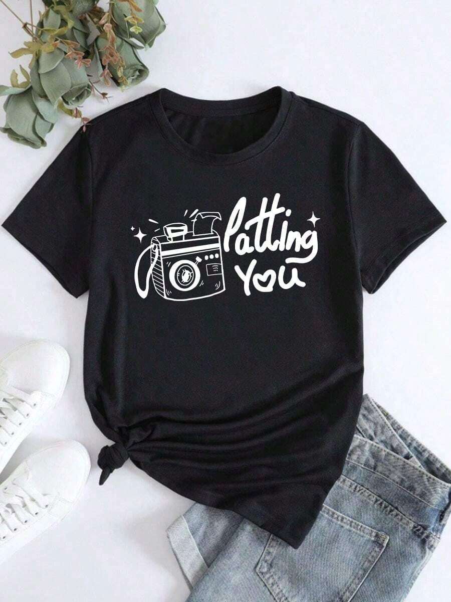 Women's T-Shirt With A Simple And Versatile Design, Cotton T-Shirt - 黑色 - 查看 1