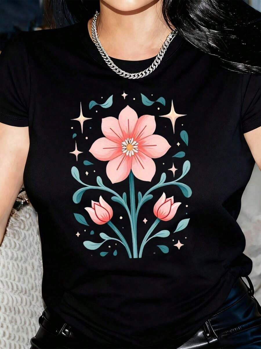 ropa de mujer Camiseta Floral para Mujer - Blusa con Estampado Floral Rosa Suave, Corte Holgado para Uso Diario y Formal, Transpirable para Todas las Temporadas, Ideal para Oficina, Fiesta, - Negro - Ver 1