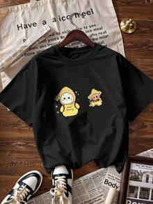 Camiseta de Manga Corta con Dibujos Lindos y Texto "Keep Shining",Camiseta de manga corta de moda para primavera y verano de 2026, hecha en México, 180 gramos. Estampado de dibujos animados, modelo de pareja, apta para uso interior o exterior. Cuello redondo, unisex, ideal para oficina y ocio. Paquete de una pieza. - BK-P631577SLNDXZGY410 - Ver 3