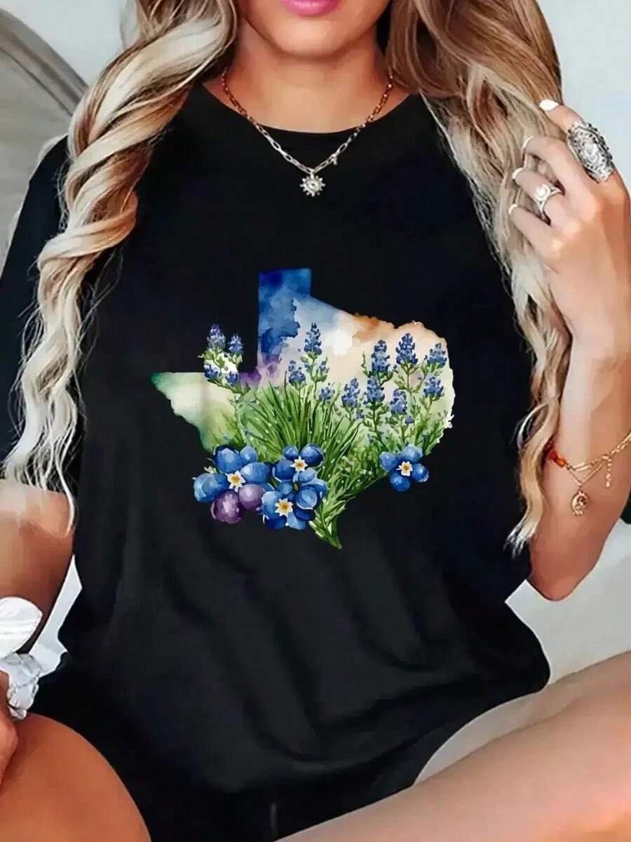 Texas Spring Wildflower Floral T-Shirt, Texas Bluebonnet Flower Field - 黑色 - View 1