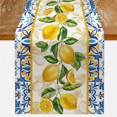 1pc Mediterranean Style Lemon Table Runner, Featuring A Blue And White Tile Design With Yellow Lemon Blossoms, Vibrant Kitchen Table Decoration Perfect For Summer And Coastal-Themed Dining Decor