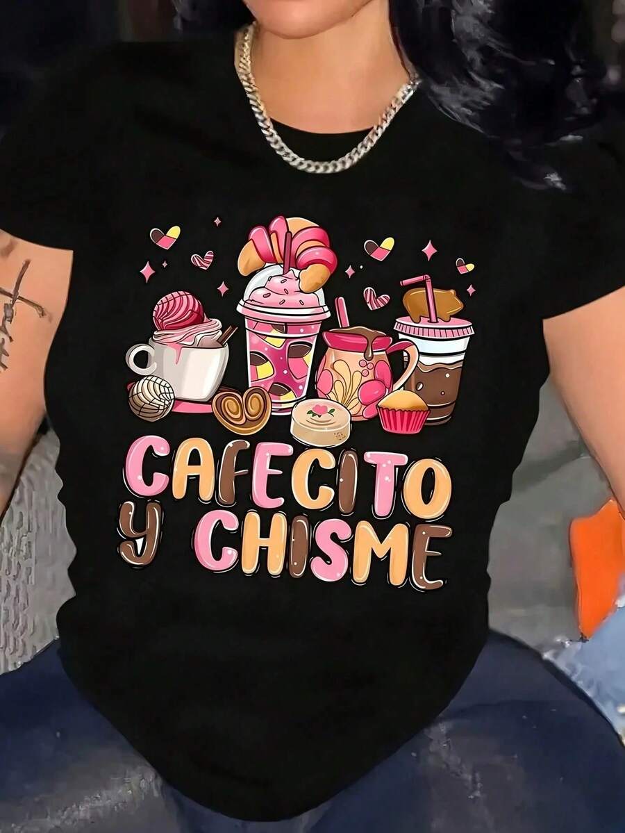 2026 New Arrival Spring Casual Travel Exclusive Pattern Short Sleeve Round Neck T-Shirt Summer Style - 黑色 - 查看 1