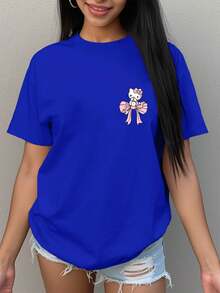 [Autorizado]Camiseta estampada de primavera-verano de , camiseta de cuello redondo para mujer, casual, moderna y versátil, ropa de casa, estilo sencillo y elegante, camiseta con estampado de , camiseta de cuello redondo cómoda y casual para mujer, camiseta holgada para mujer, adecuada para cualquier ocasión. - Azul - Ver 6