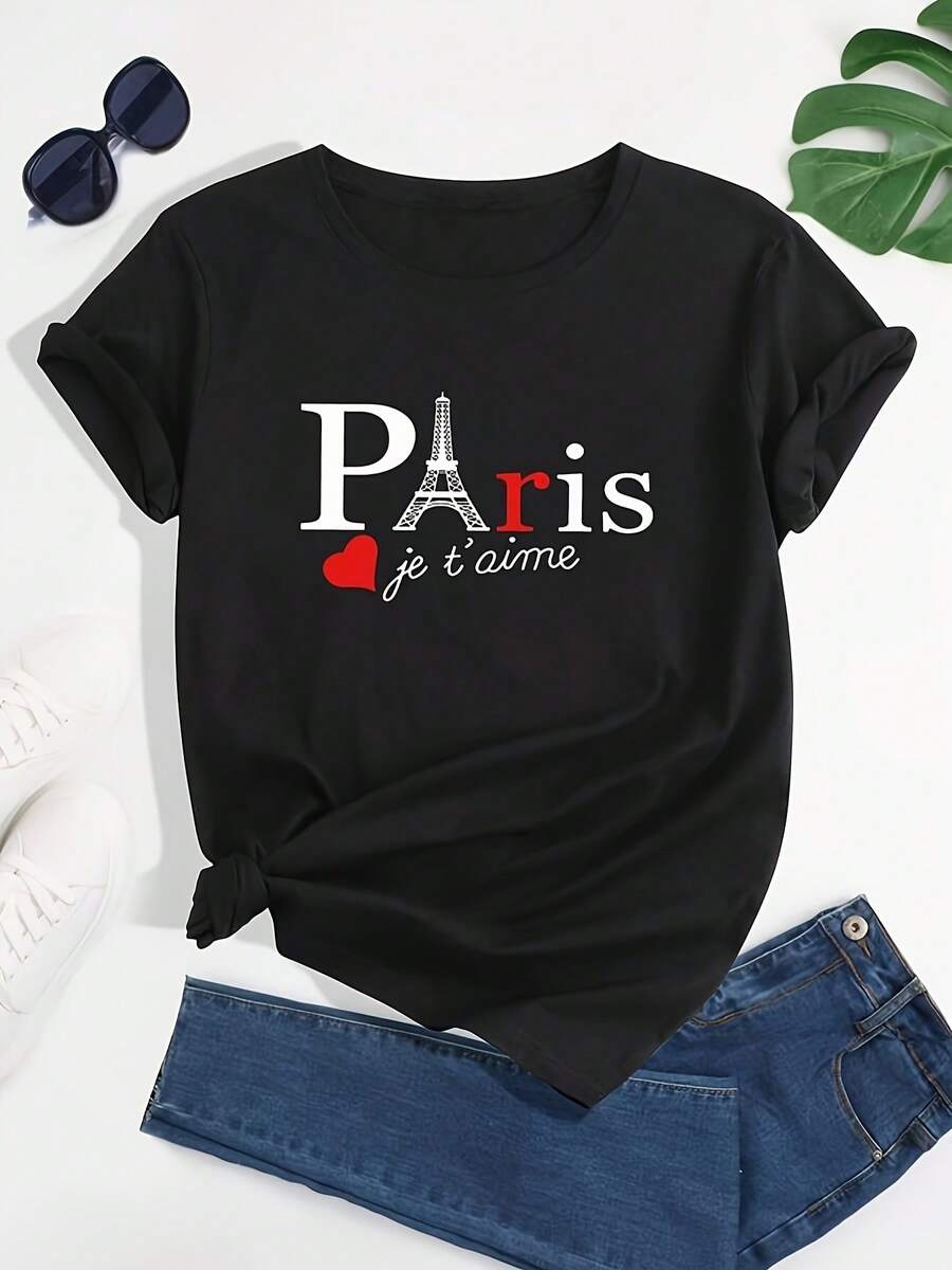 Paris Print T-Shirt, Casual Short Sleeve Crew Neck T-Shirt, Plus Size Clothing For Women - 黑色 - 查看 1