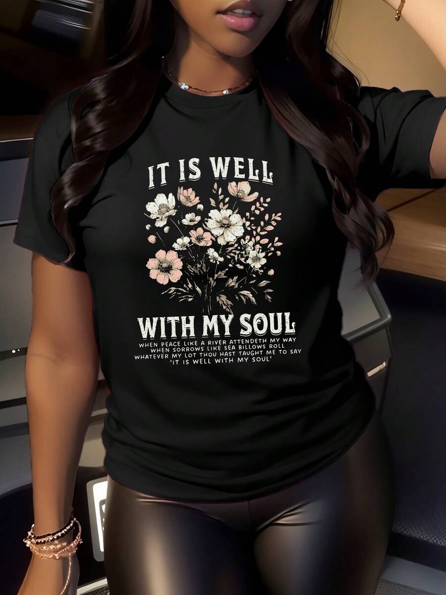 Women's Casual Sports T-Shirt, Round Neck T-Shirt, "MY SOUL IS WELL", Religious Clothing For Believer Women, Spiritual Comfort Theme, Thanksgiving Series, Poetic And Literary Style, Faith, Peace, Comfortable Top For All Seasons - 黑色 - 查看 1
