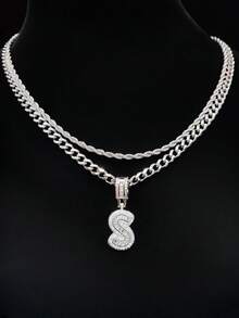 Bộ 2 món: 1 mặt dây chuyền chữ cái đính đá Cubic Zirconia & 2 dây chuyền thép không gỉ, 26 chữ cái tiếng Anh, Dây chuyền mặt dây chuyền phong cách hip hop cổ điển dành cho nữ, Thích hợp đeo hàng ngày hoặc dự tiệc, Quà tặng ngày Valentine - Bạc - Xem 3